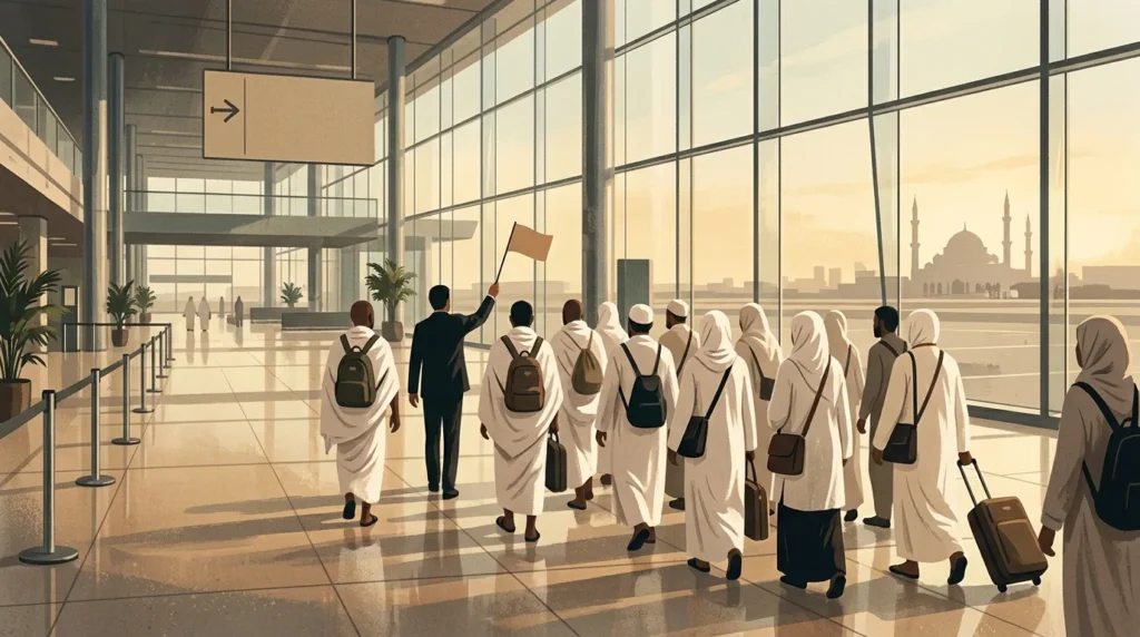 Ilustrasi rombongan jemaah umrah didampingi petugas travel di area kedatangan bandara