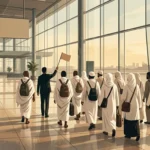 Ilustrasi rombongan jemaah umrah didampingi petugas travel di area kedatangan bandara