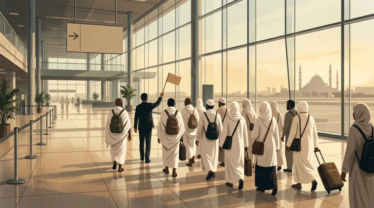 Ilustrasi rombongan jemaah umrah didampingi petugas travel di area kedatangan bandara