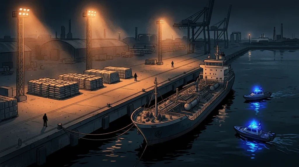 Ilustrasi kapal tanker bersandar di dermaga pelabuhan pada malam hari dengan kapal patroli di dekatnya