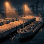 Ilustrasi kapal tanker bersandar di dermaga pelabuhan pada malam hari dengan kapal patroli di dekatnya