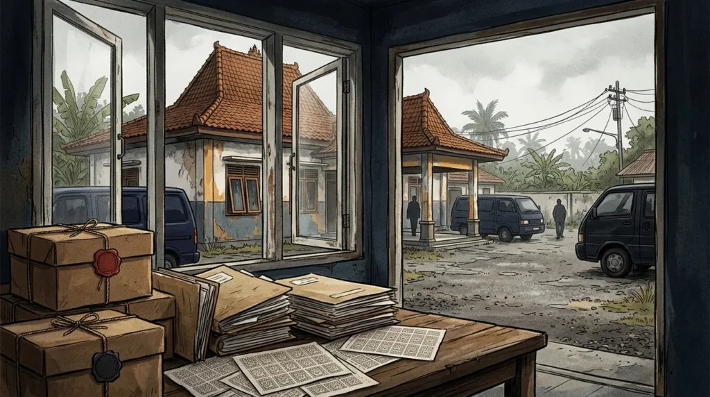 Ilustrasi kantor pengawasan bea cukai dan berkas penyidikan dalam kasus suap impor