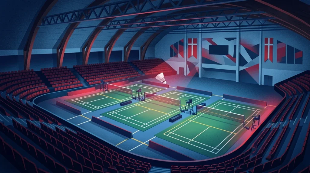 Ilustrasi lapangan bulu tangkis di arena dalam ruangan Odense, Denmark
