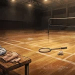 Lapangan bulu tangkis berlantai kayu di arena latihan dengan raket dan kok tergeletak di dekat garis