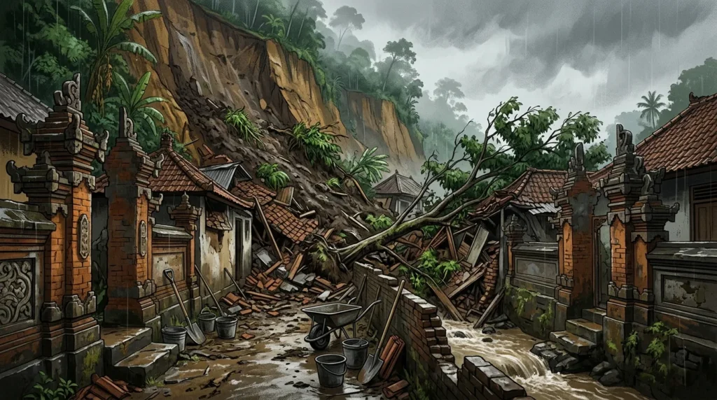 Rumah warga yang rusak tertimpa material tebing longsor di sebuah perumahan di Kediri, Tabanan
