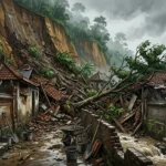 Rumah warga yang rusak tertimpa material tebing longsor di sebuah perumahan di Kediri, Tabanan