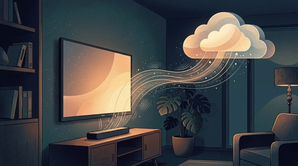 Ilustrasi TV pintar di ruang keluarga dengan ikon gelombang suara dan aliran data