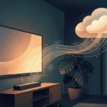 Ilustrasi TV pintar di ruang keluarga dengan ikon gelombang suara dan aliran data