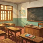 Ruang kelas sekolah dasar dengan bangku kosong dan rapor di atas meja guru