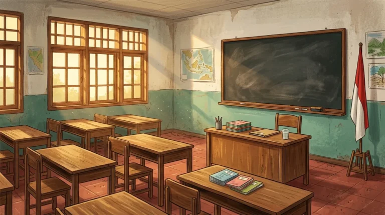 Ruang kelas sekolah dasar dengan bangku kosong dan rapor di atas meja guru