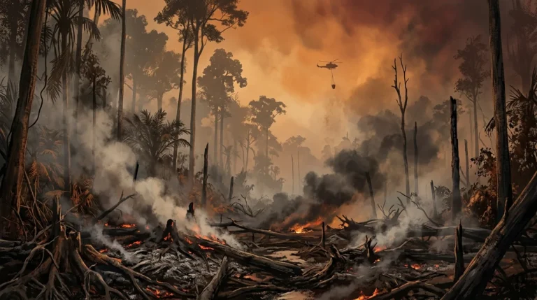 Ilustrasi kawasan hutan dan lahan gambut yang terbakar dengan asap tebal di Kalimantan