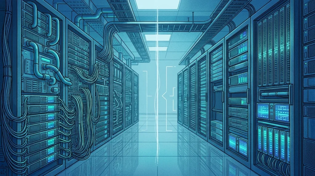Ilustrasi rak server pusat data dengan deretan akselerator AI dan kabel pendingin