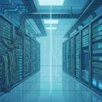Ilustrasi rak server pusat data dengan deretan akselerator AI dan kabel pendingin