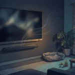 Ilustrasi TV pintar dan soundbar di ruang keluarga dengan gelombang suara samar