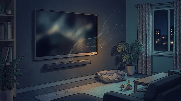 Ilustrasi TV pintar dan soundbar di ruang keluarga dengan gelombang suara samar