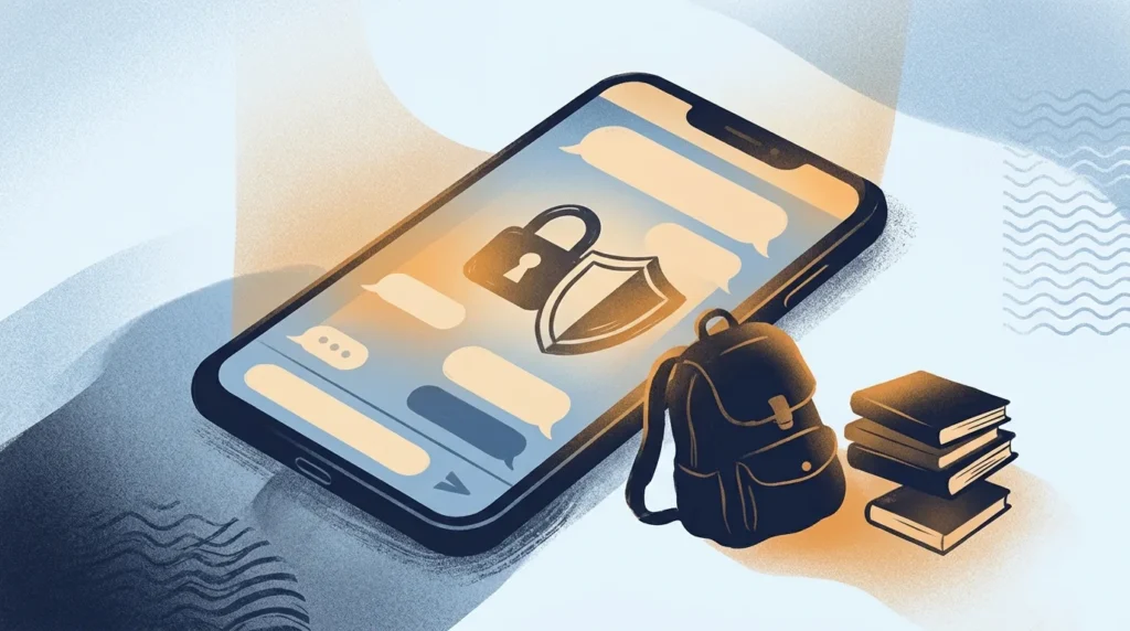Ilustrasi anak-anak memakai ponsel dengan ikon gembok dan perisai di layar sebagai simbol perlindungan data