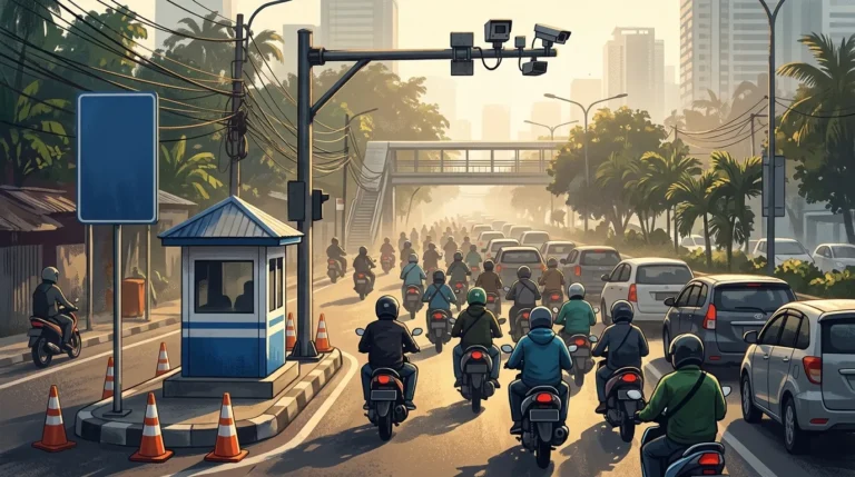 Polisi lalu lintas mengawasi kendaraan di jalan raya saat Operasi Patuh 2026