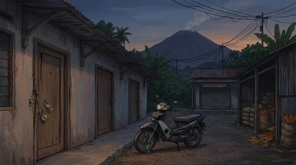 Ilustrasi gembok rusak di pintu kamar kos dan gudang hasil panen, menggambarkan kasus curat dalam Operasi Sikat Semeru 2026 di Kabupaten Malang