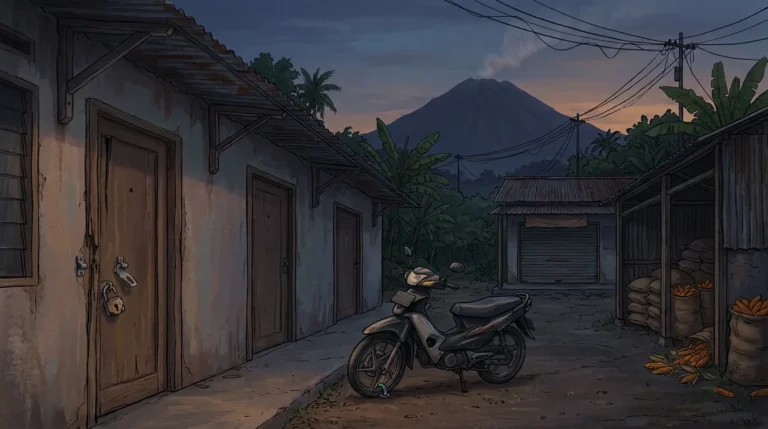 Ilustrasi gembok rusak di pintu kamar kos dan gudang hasil panen, menggambarkan kasus curat dalam Operasi Sikat Semeru 2026 di Kabupaten Malang