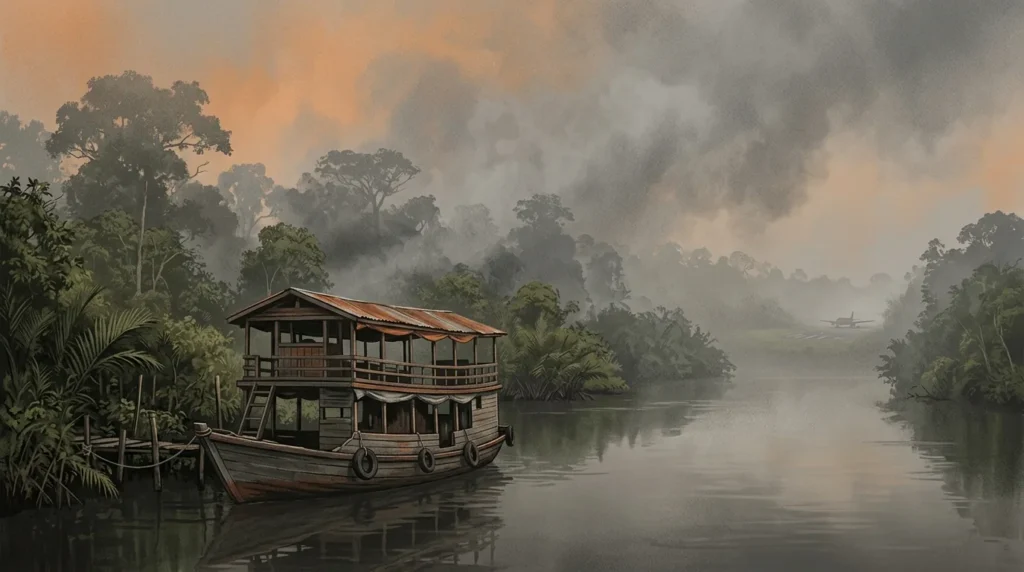 Ilustrasi perahu klotok di sungai hutan tropis yang diselimuti kabut asap tebal