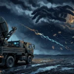 Ilustrasi terminal satelit militer di medan perang dengan satelit di langit malam