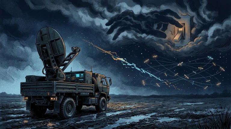 Ilustrasi terminal satelit militer di medan perang dengan satelit di langit malam