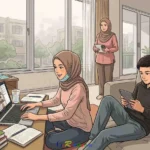 Gedung sekolah dasar diselimuti kabut asap tipis dengan halaman kosong tanpa siswa