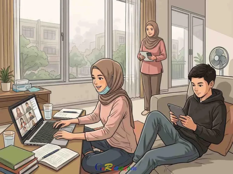 Gedung sekolah dasar diselimuti kabut asap tipis dengan halaman kosong tanpa siswa