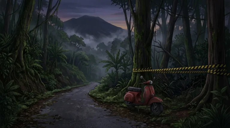 Ilustrasi kawasan hutan Taman Nasional Gunung Ciremai dengan sepeda motor merah terparkir di pinggir jalan dan garis polisi