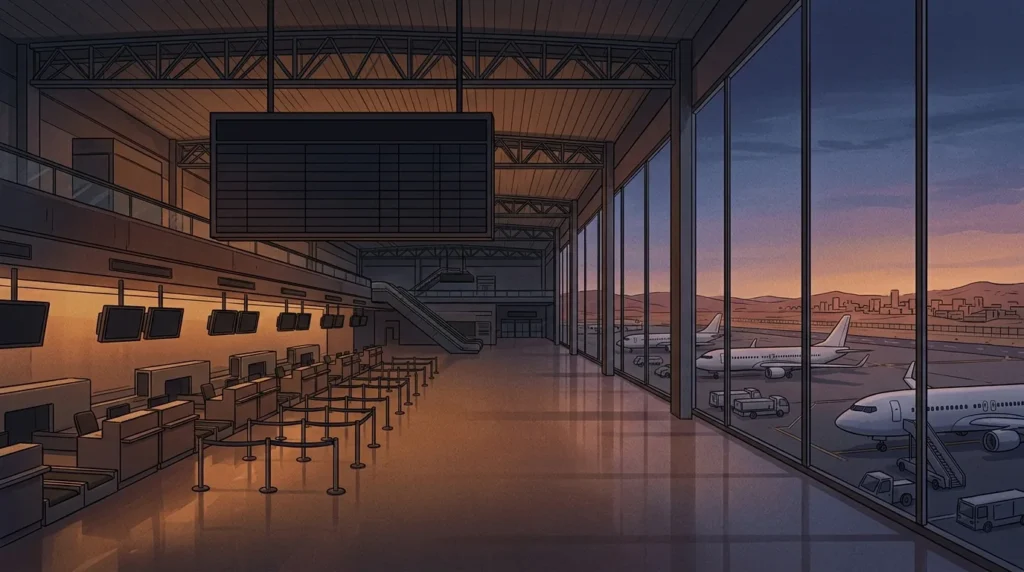 Ilustrasi terminal bandara yang sepi dengan papan jadwal penerbangan kosong dan pesawat terparkir di landasan