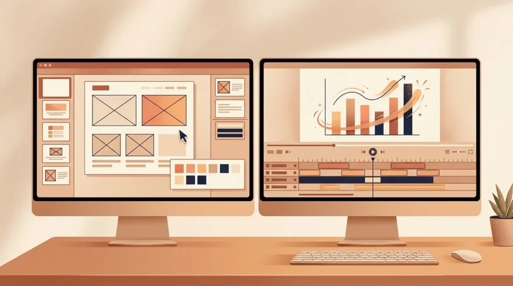 Ilustrasi dua layar kerja berdampingan, satu menampilkan slide dan prototipe desain, satu lagi menampilkan grafik beranimasi