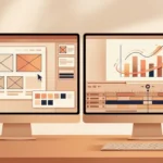 Ilustrasi dua layar kerja berdampingan, satu menampilkan slide dan prototipe desain, satu lagi menampilkan grafik beranimasi