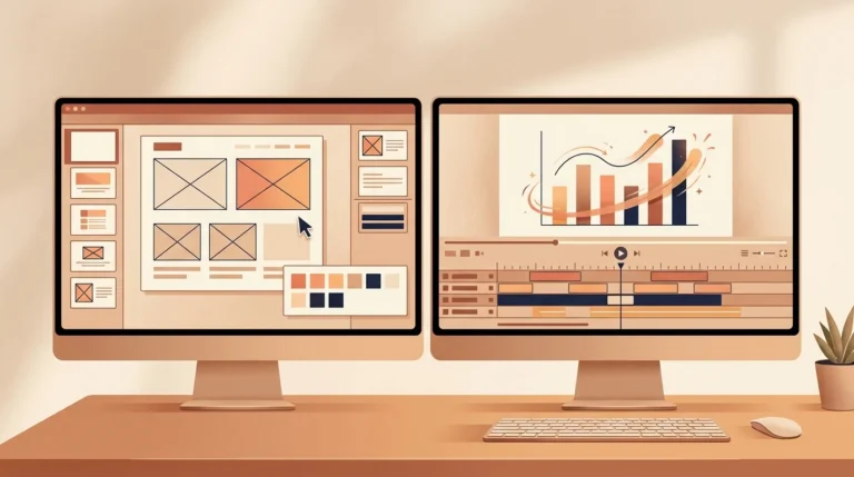 Ilustrasi dua layar kerja berdampingan, satu menampilkan slide dan prototipe desain, satu lagi menampilkan grafik beranimasi