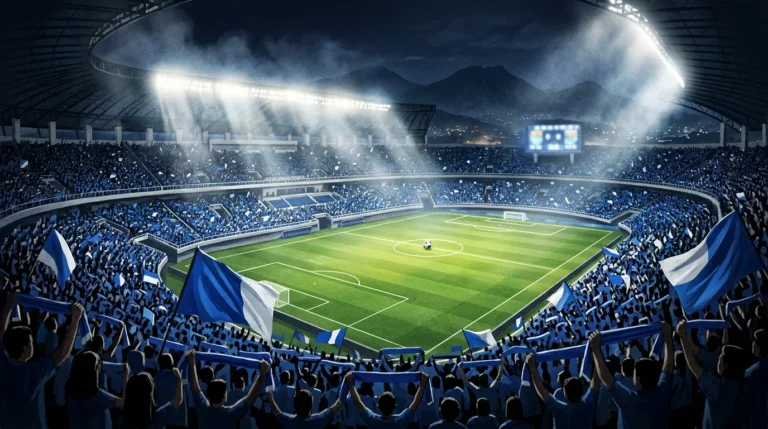 Ilustrasi stadion sepak bola malam hari dengan tribun penuh suporter berwarna biru