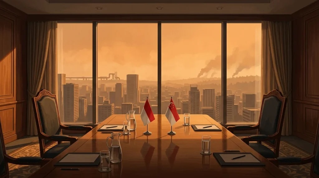 Ilustrasi meja perundingan dengan bendera Indonesia dan Singapura, latar langit berkabut asap