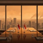 Ilustrasi meja perundingan dengan bendera Indonesia dan Singapura, latar langit berkabut asap