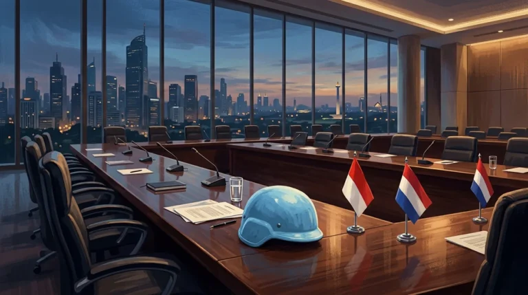 Ilustrasi helm biru pasukan perdamaian PBB di atas meja konferensi dengan bendera Indonesia