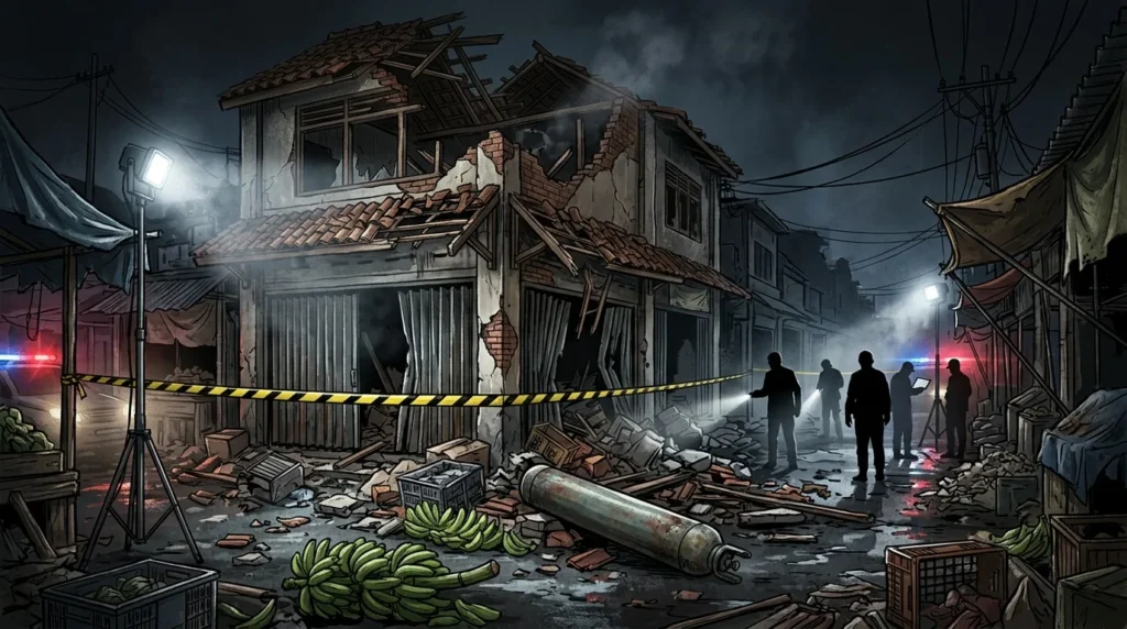 Reruntuhan ruko di kawasan pasar yang rusak akibat ledakan, dengan garis polisi dan tumpukan pisang mentah
