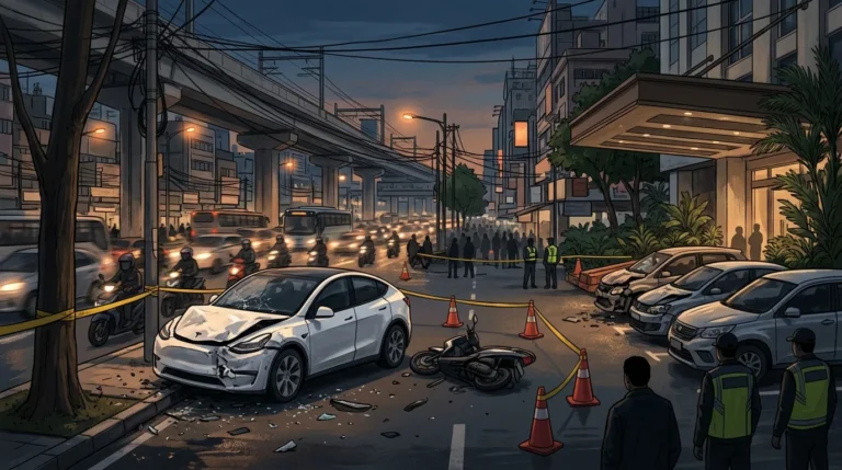 Ilustrasi mobil listrik putih rusak di tepi jalan kota dengan sepeda motor terjatuh dan garis polisi