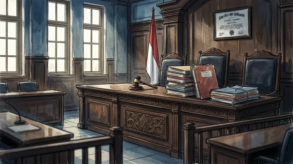 Ilustrasi ruang sidang pengadilan negeri dengan palu hakim dan berkas surat dakwaan di meja