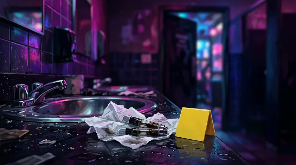 Ilustrasi cartridge vape bekas pakai di atas tisu di wastafel kamar mandi tempat hiburan malam