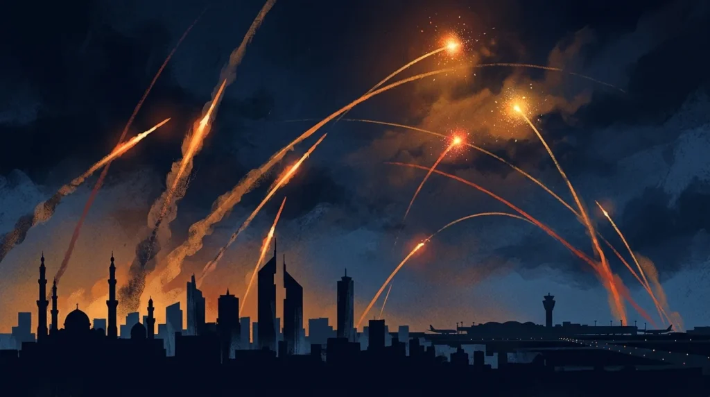 Ilustrasi langit malam di atas kota Riyadh dengan jejak cahaya pencegat rudal di dekat bandara
