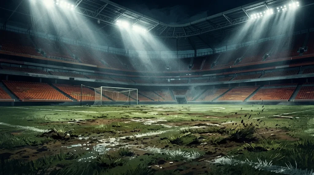 Lapangan stadion sepak bola dengan rumput tidak merata di bawah lampu malam