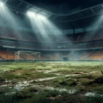 Lapangan stadion sepak bola dengan rumput tidak merata di bawah lampu malam