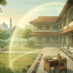 Ilustrasi asrama pondok pesantren yang tenang dengan lorong kamar santri dan meja pengaduan