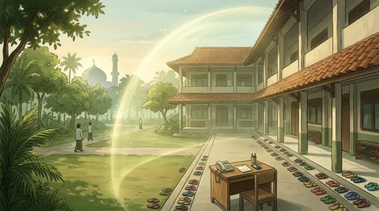 Ilustrasi asrama pondok pesantren yang tenang dengan lorong kamar santri dan meja pengaduan