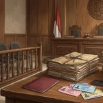 Ruang sidang Pengadilan Tipikor dengan meja hakim dan kursi terdakwa yang kosong