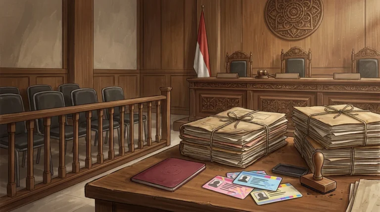 Ruang sidang Pengadilan Tipikor dengan meja hakim dan kursi terdakwa yang kosong