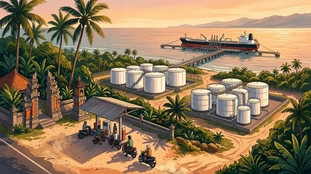 Tangki penyimpanan BBM di terminal tepi pantai dengan kapal tanker bersandar