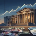 Ilustrasi gedung bank sentral Amerika Serikat dan grafik kurs rupiah terhadap dolar AS
